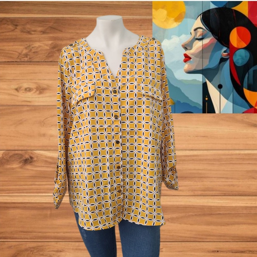 Adrienne Vittadini Women's 3/4‎ Sleeve V-Neck Blouse Multicolor  Sz XL